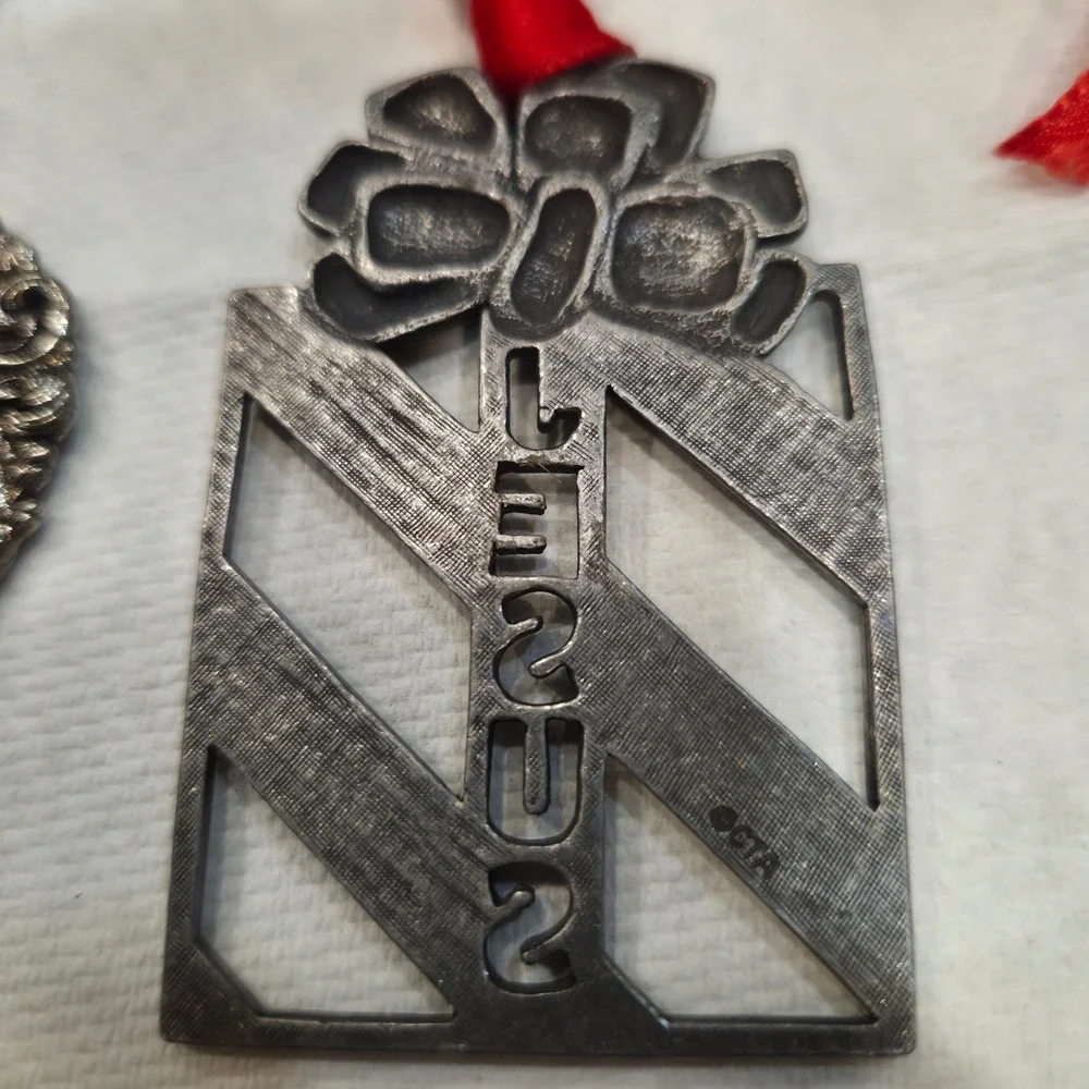 Religious Pewter Metal Christmas Ornaments Set Nativity Holy Family Jesus 3pc